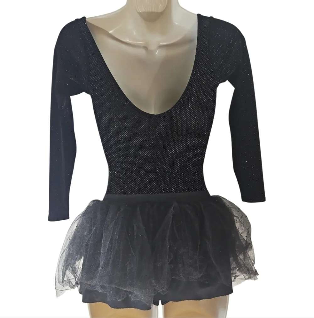 Cicci Girls Black Glitter Ballerina Costume 2-Pc Dance Leotard Tutu Skirt Sz 5-6